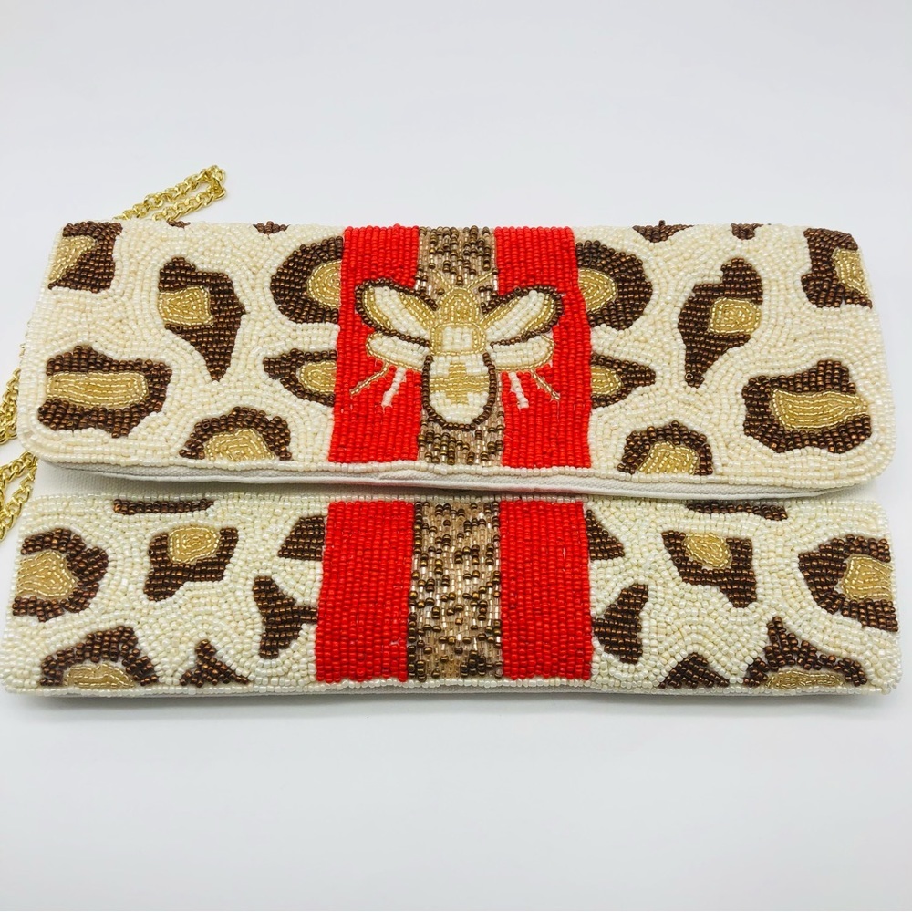 Handmade Beaded Animal Print and Bee Clutch or Crossbody